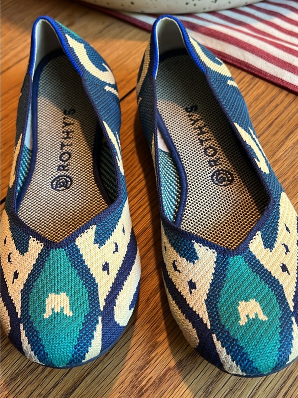 Rothy's Moroccan Teal, Navy and Cream Patterned Knit Flats
